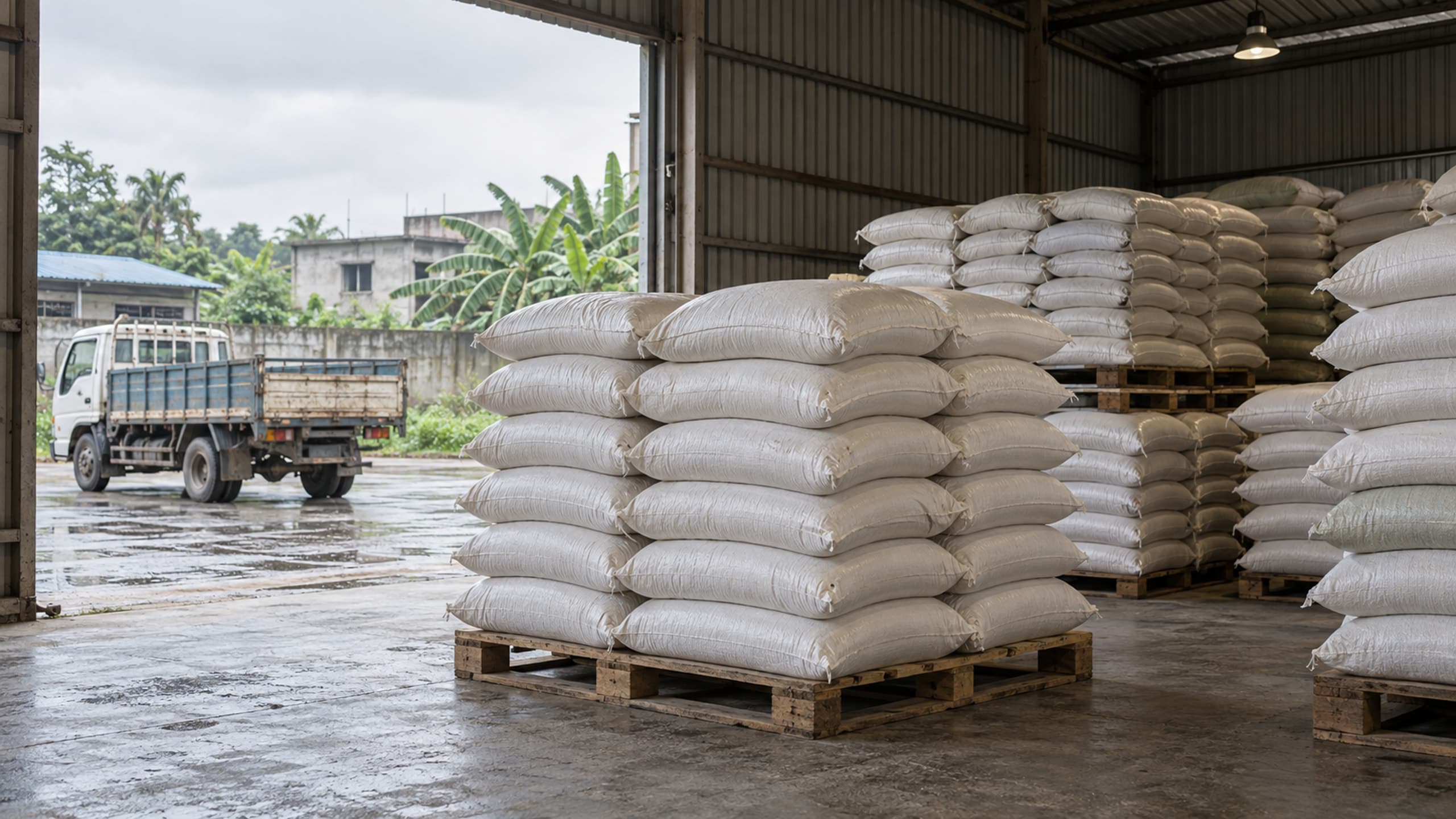 Stacks of sealed plain sacks on pallets inside a loading warehouse.