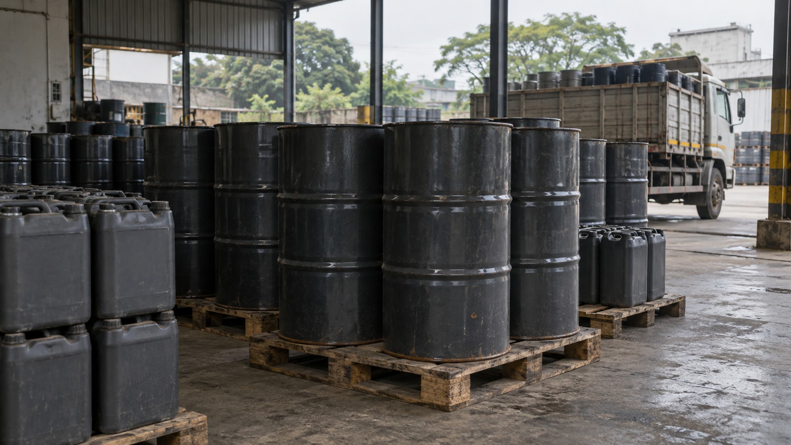 Plain lubricant drums and sealed containers on pallets in a loading bay.