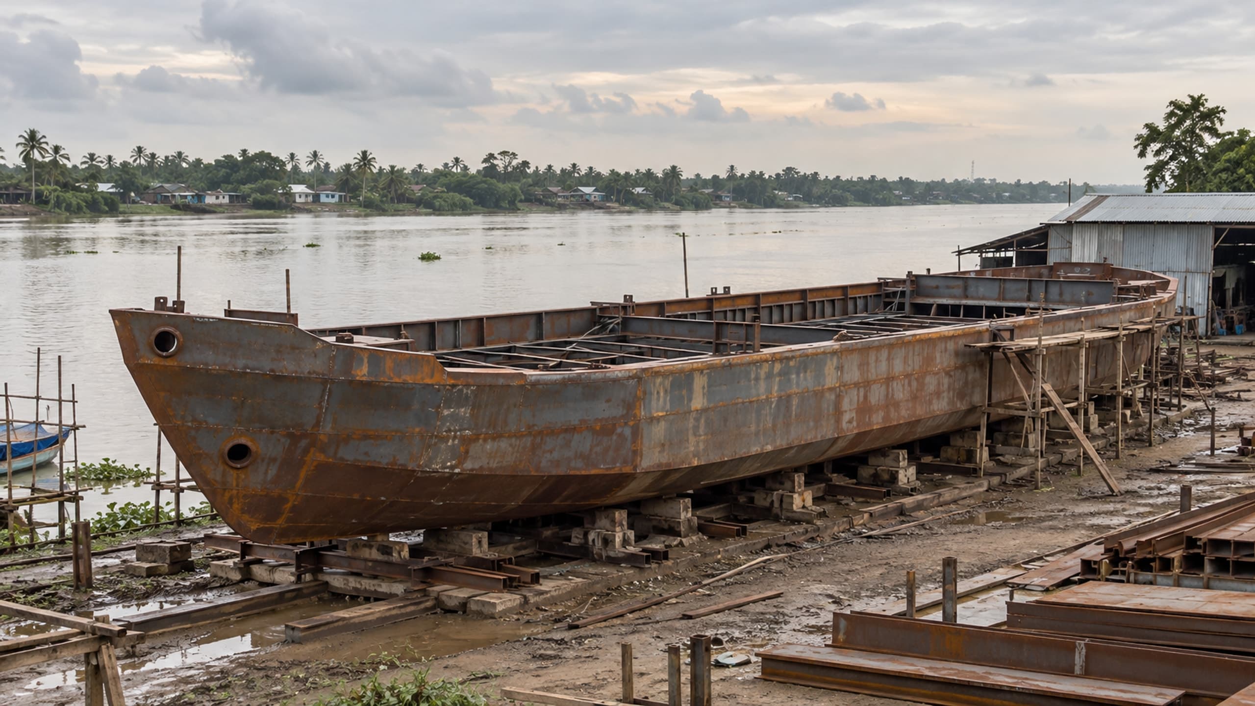 An unfinished civilian river-cargo hull supported on keel blocks beside a river.