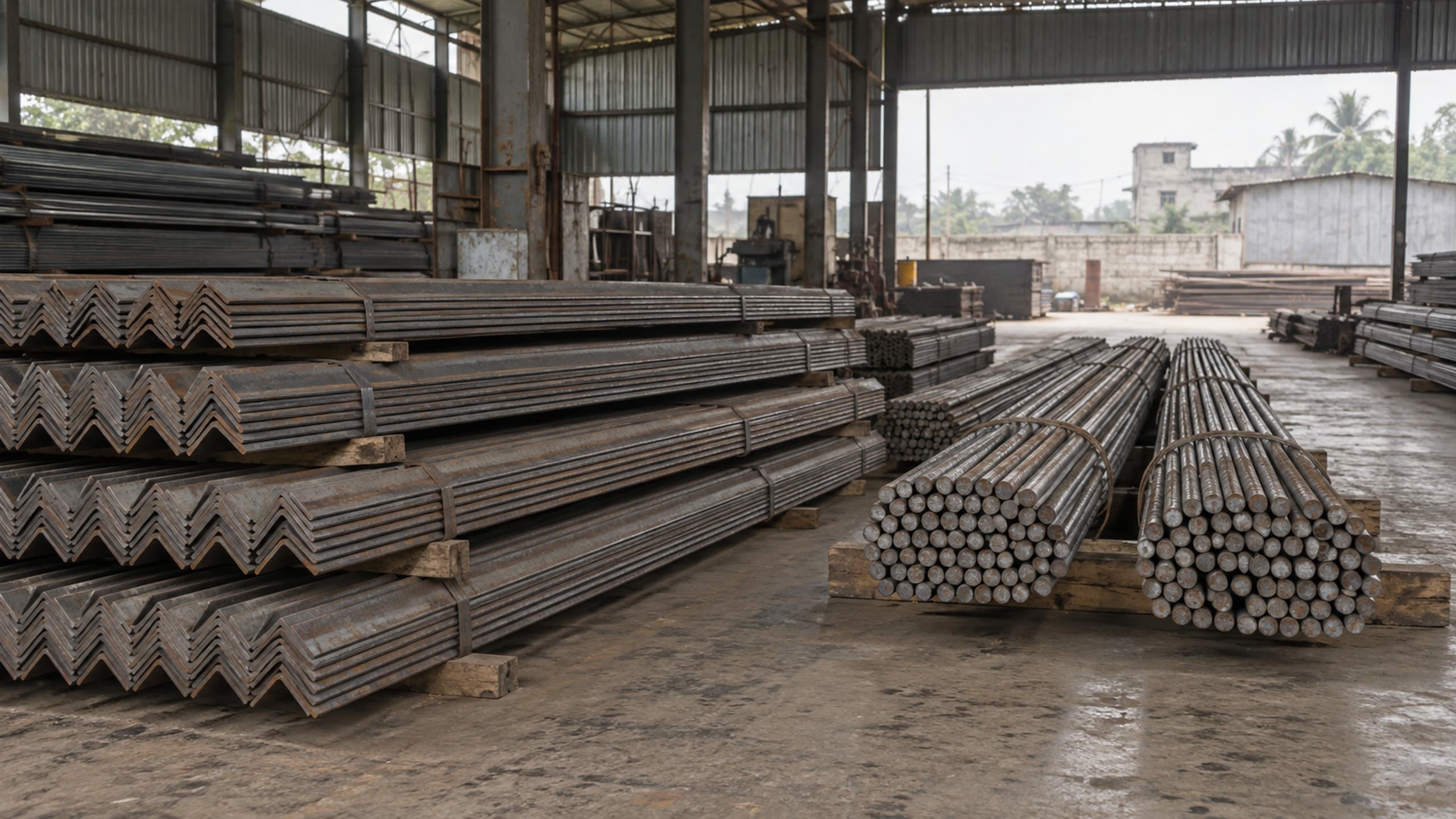 Stacks of steel angles and round rods inside a mill dispatch bay.